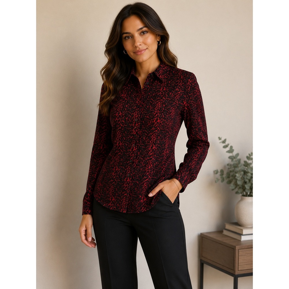 Talbots Petites Red Black Animal Print Button Down Shirt 8P Cotton Blend Top